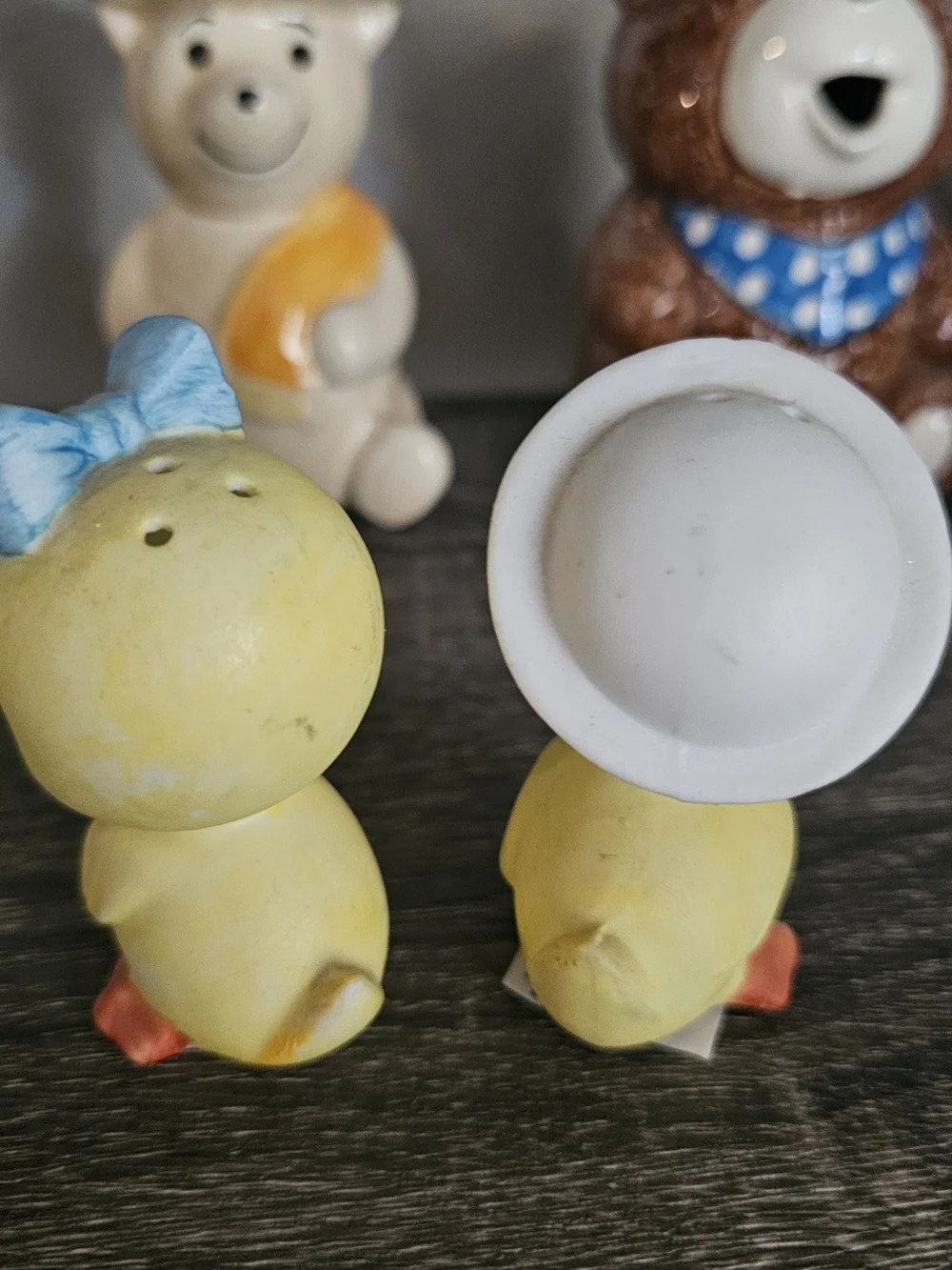 Lefton Yellow Duck Salt and Pepper Shakers with Blue Accents